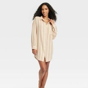 Stars Above Linen Blend Sleep Shirtdress Womens Size XL Tan Striped Lounge PJs